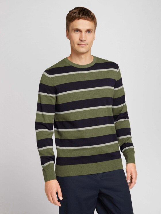 Gestreifter Strickpullover mit Bio-Baumwolle - Männer - olive navy grey stripe Gestreifter Strickpullover mit Bio-Baumwolle - Männer - olive navy grey stripe - 1 - TOM TAILOR