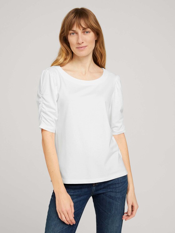 T-Shirt mit gerafften Ärmeln - Frauen - Whisper White T-Shirt mit gerafften Ärmeln - Frauen - Whisper White - 1 - TOM TAILOR