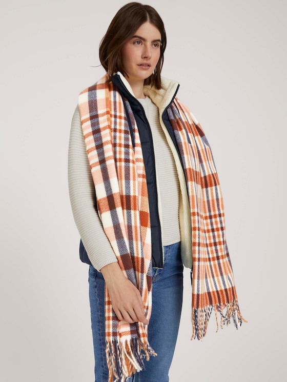 Fringed scarf with recycled polyester - Women - herringbone check camel rose Fringed scarf with recycled polyester - Women - herringbone check camel rose - 5 - TOM TAILOR Denim