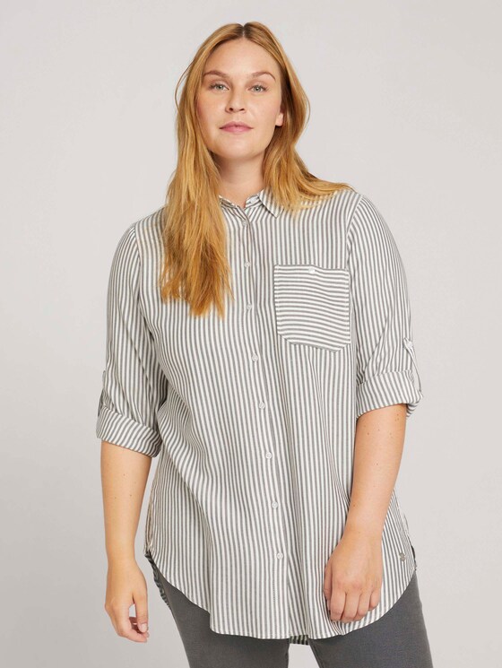 Curvy - long striped shirt blouse - Women - anthra white stripe Curvy - long striped shirt blouse - Women - anthra white stripe - 1 - My True Me