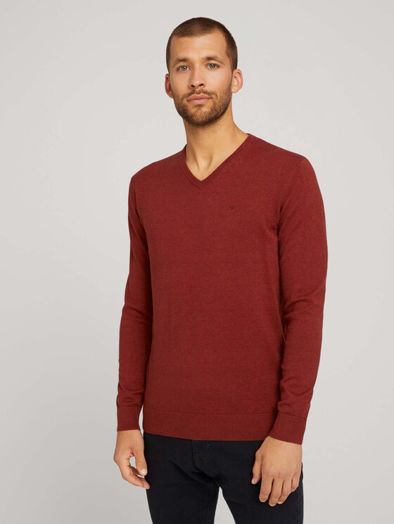 Mottled sweater with a V-neckline - Men - spicy chocolate melange Mottled sweater with a V-neckline - Men - spicy chocolate melange - 1 - TOM TAILOR