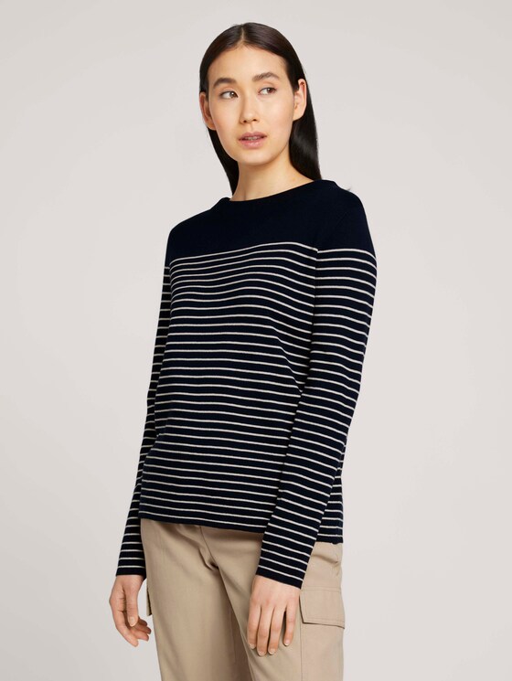 Gestreifter Pullover mit Bio-Baumwolle - Frauen - navy sand stripe Gestreifter Pullover mit Bio-Baumwolle - Frauen - navy sand stripe - 1 - TOM TAILOR