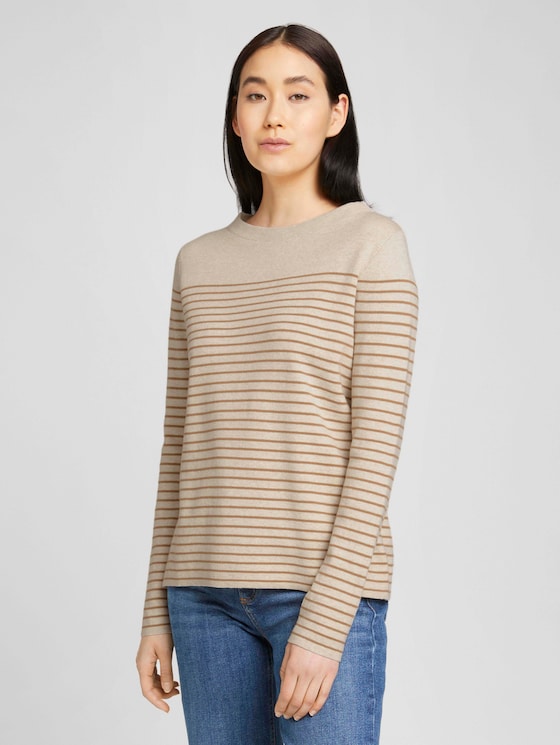 Gestreepte trui van biologisch katoen - Vrouwen - sand beige stripe Gestreepte trui van biologisch katoen - Vrouwen - sand beige stripe - 1 - TOM TAILOR