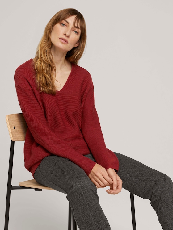 V-neck sweater with organic cotton - Women - dark maroon red - 5 - TOM TAILOR