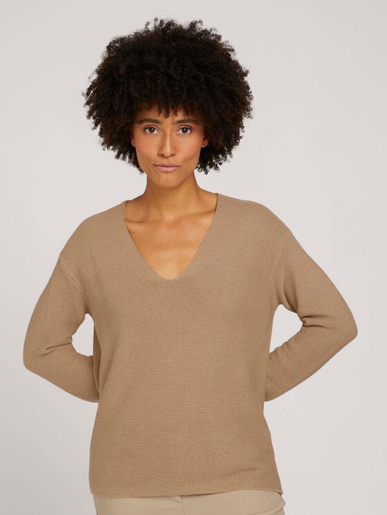 V-neck sweater with organic cotton - Women - french clay beige melange V-neck sweater with organic cotton - Women - french clay beige melange - 1 - TOM TAILOR