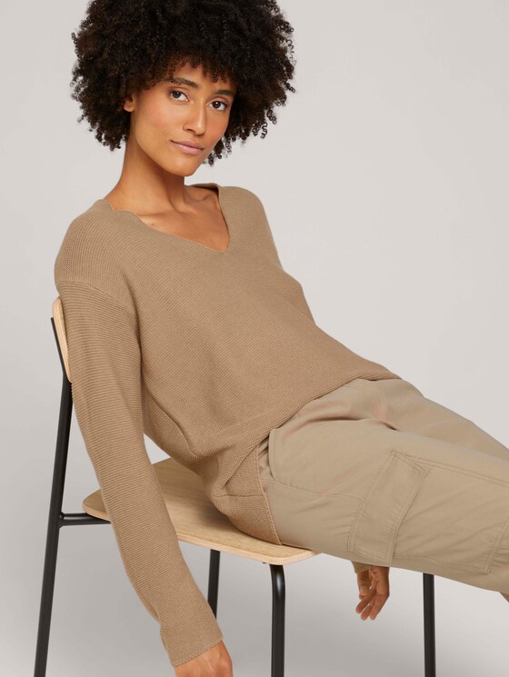 V-neck sweater with organic cotton - Women - french clay beige melange - 5 - TOM TAILOR