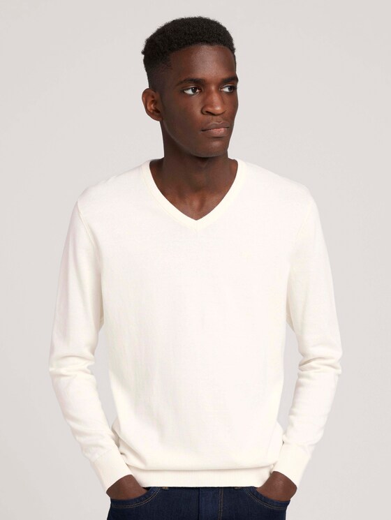 gemêleerde trui met V-hals - Mannen - Knit White gemêleerde trui met V-hals - Mannen - Knit White - 1 - TOM TAILOR