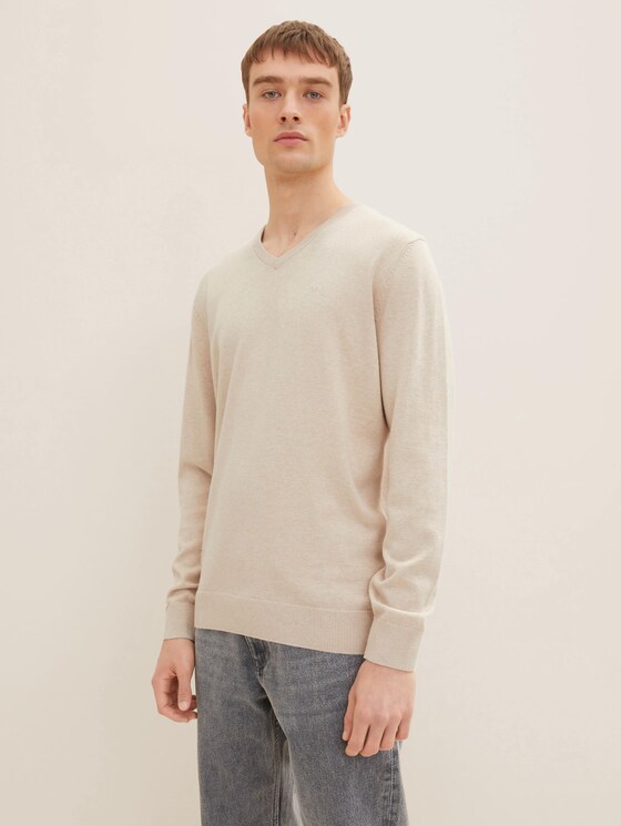 Melierter Pullover mit V-Ausschnitt