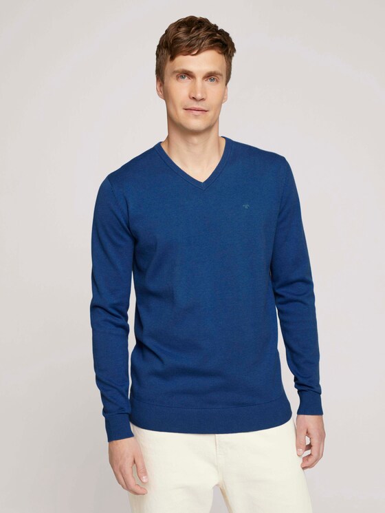 Melierter Pullover mit V-Ausschnitt - Männer - bright blue melange Melierter Pullover mit V-Ausschnitt - Männer - bright blue melange - 1 - TOM TAILOR