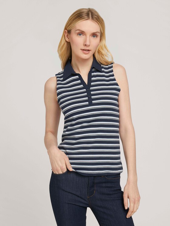 Mouwloos poloshirt met biologisch katoen - Vrouwen - navy mint irregular stripe Mouwloos poloshirt met biologisch katoen - Vrouwen - navy mint irregular stripe - 1 - TOM TAILOR