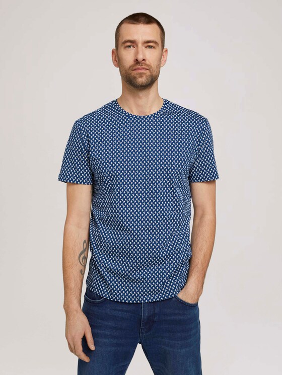 patterned t-shirt made of organic cotton - Men - dark blue small leaf design patterned t-shirt made of organic cotton - Men - dark blue small leaf design - 1 - TOM TAILOR