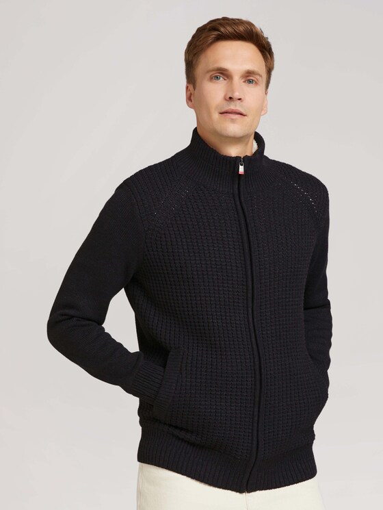 Cardigan with a stand-up collar and zip - Men - Black Grey Melange Cardigan with a stand-up collar and zip - Men - Black Grey Melange - 1 - TOM TAILOR