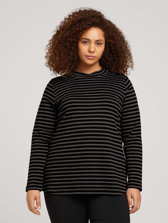 Plus - Langarmshirt mit kurzem Stehkragen - Frauen - black grey melange stripe Plus - Langarmshirt mit kurzem Stehkragen - Frauen - black grey melange stripe - 1 - My True Me