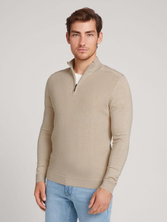 Strukturierter Troyer Pullover mit LENZING™ ECOVERO™ - Männer - soft beige melange Strukturierter Troyer Pullover mit LENZING™ ECOVERO™ - Männer - soft beige melange - 1 - TOM TAILOR