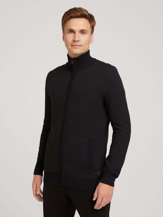 Strickjacke mit Stehkragen - Männer - black anthra knit structure Strickjacke mit Stehkragen - Männer - black anthra knit structure - 1 - TOM TAILOR