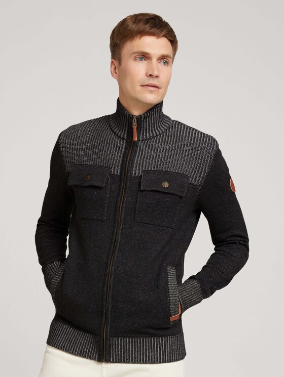 Melierte Strickjacke mit Brusttaschen - Männer - Black Grey Melange Melierte Strickjacke mit Brusttaschen - Männer - Black Grey Melange - 1 - TOM TAILOR