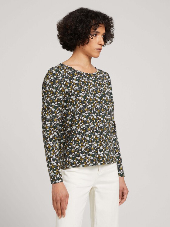 Gemustertes Langarmshirt mit Raffungen - Frauen - green small floral design Gemustertes Langarmshirt mit Raffungen - Frauen - green small floral design - 1 - TOM TAILOR