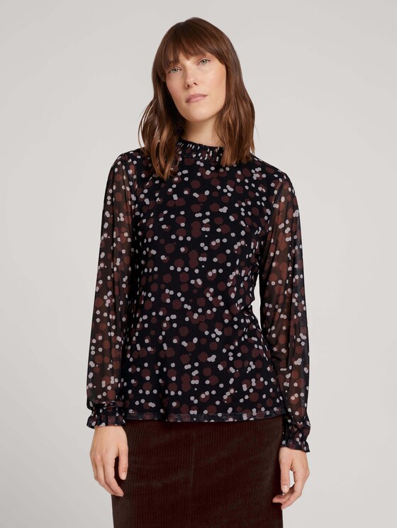 Gemustertes Langarmshirt aus Mesh - Frauen - black large dot design Gemustertes Langarmshirt aus Mesh - Frauen - black large dot design - 1 - TOM TAILOR