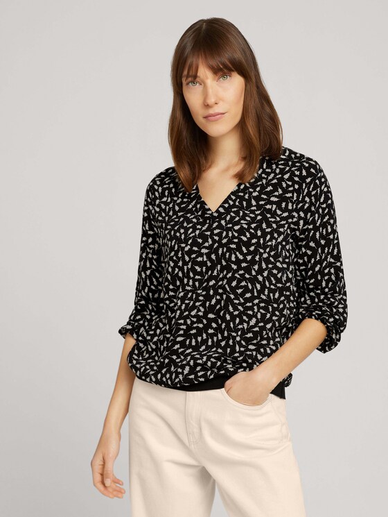 Bluse mit Rippbündchen - Frauen - black leaf design Bluse mit Rippbündchen - Frauen - black leaf design - 1 - TOM TAILOR