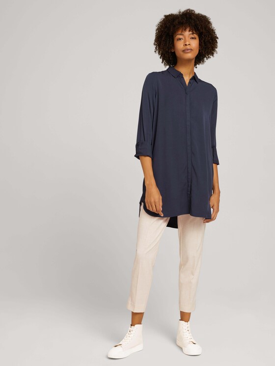 Long blouse with concealed button tab - Women - dark graphite blue Long blouse with concealed button tab - Women - dark graphite blue - 3 - Mine to five