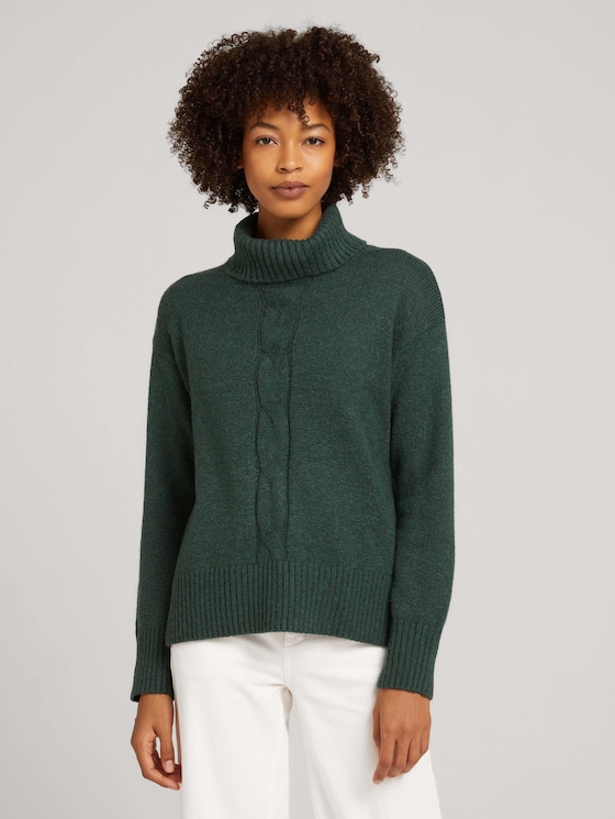 Rollkragenpullover mit Zopfmuster - Frauen - dark pine green melange Rollkragenpullover mit Zopfmuster - Frauen - dark pine green melange - 1 - TOM TAILOR