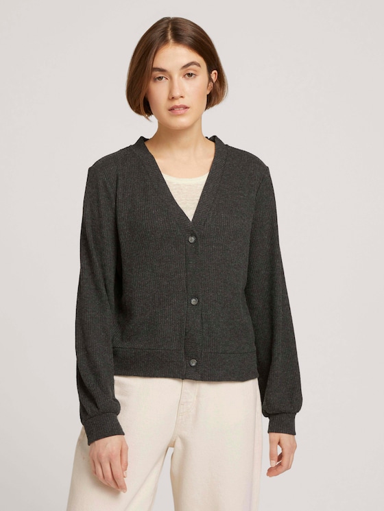 Ribbed cardigan with balloon sleeves - Women - Shale Grey Melange Ribbed cardigan with balloon sleeves - Women - Shale Grey Melange - 1 - TOM TAILOR Denim