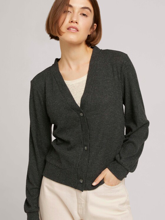 Ribbed cardigan with balloon sleeves - Women - Shale Grey Melange Ribbed cardigan with balloon sleeves - Women - Shale Grey Melange - 5 - TOM TAILOR Denim
