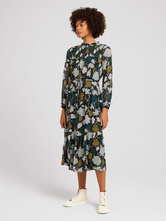Gemustertes Midi Blusenkleid mit recyceltem Polyester - Frauen - green large floral design Gemustertes Midi Blusenkleid mit recyceltem Polyester - Frauen - green large floral design - 1 - TOM TAILOR