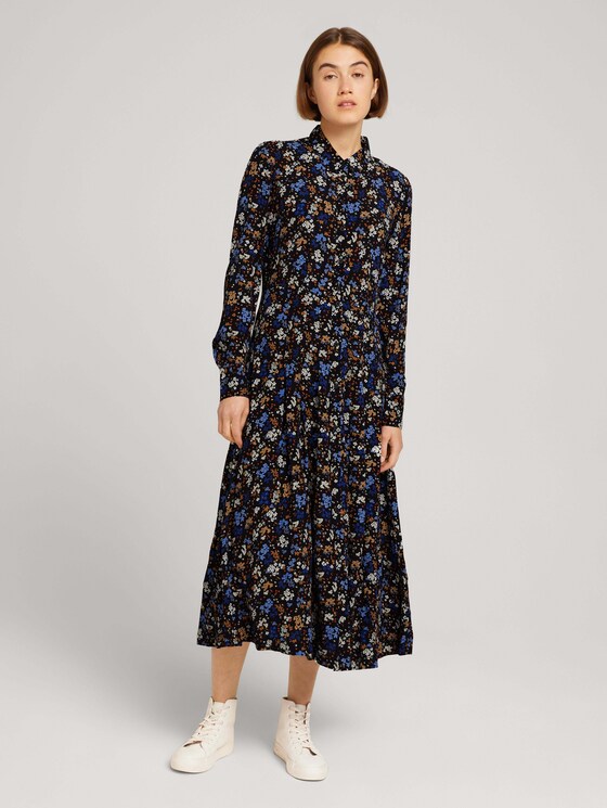 Langes Kleid mit Volants - Frauen - black blue flower print Langes Kleid mit Volants - Frauen - black blue flower print - 1 - TOM TAILOR Denim
