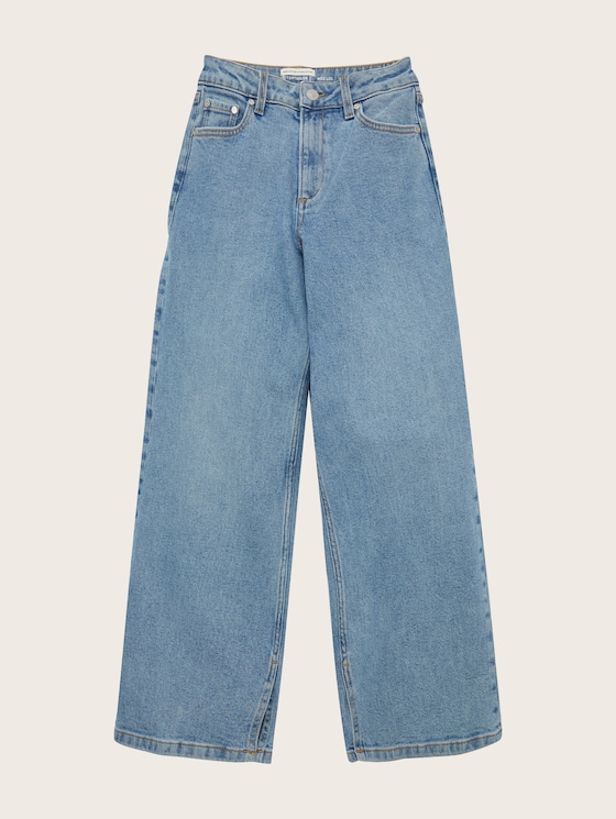 Wide denim trousers with leg slits