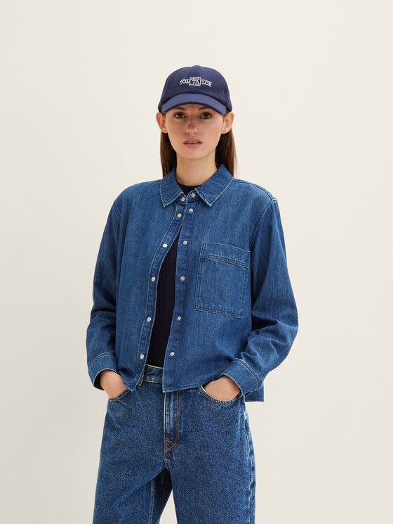 Denim blouse with a patch chest pocket