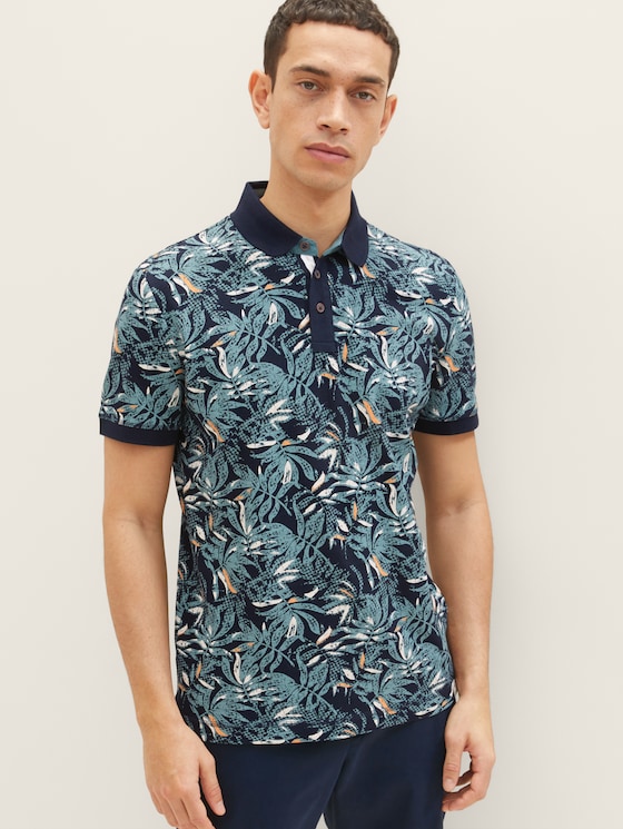 Poloshirt met allover-print door Men, navy green big leaf design
