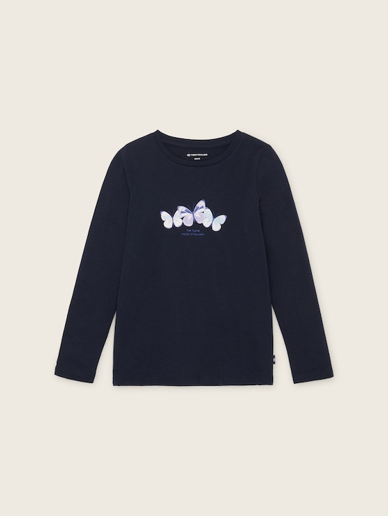 Shirt met lange mouwen en motiefprint door Mini Girls, sky captain blue