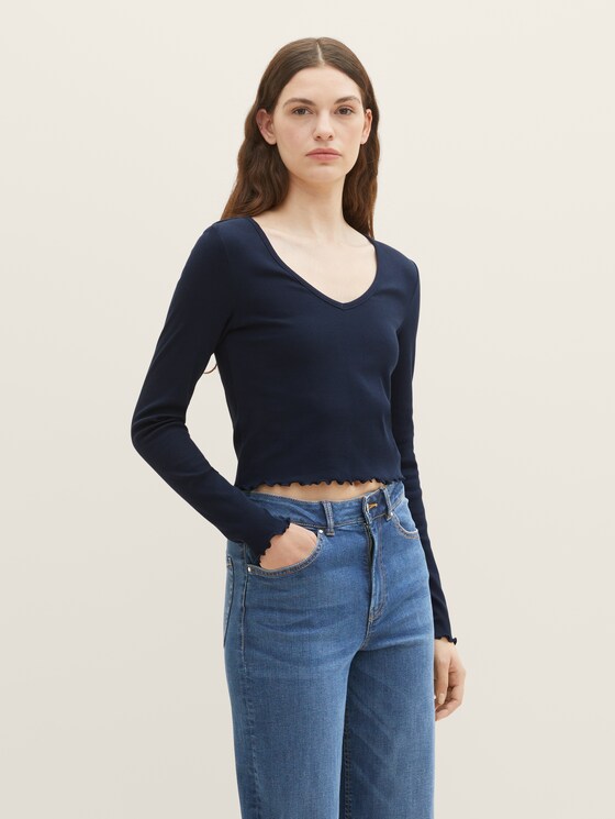 Cropped shirt met lange mouwen en geribde structuur