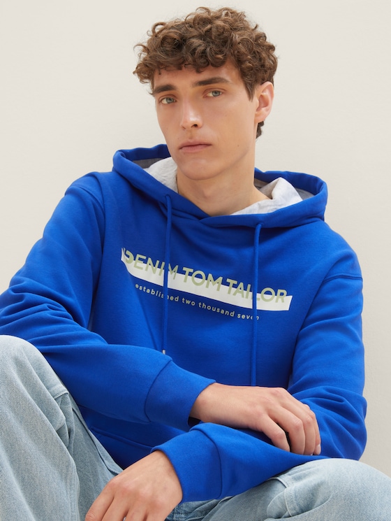 Sweat à capuche avec logo imprimé par Denim Male, shiny royal blue