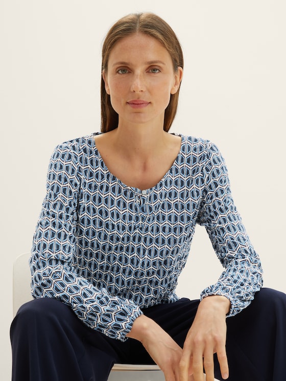 Long-sleeved shirt with recycled polyester by Women, blue brown geometrics print