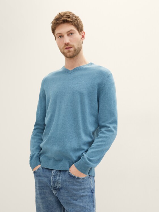Strickpullover mit V-Ausschnitt von Men, blue water melange
