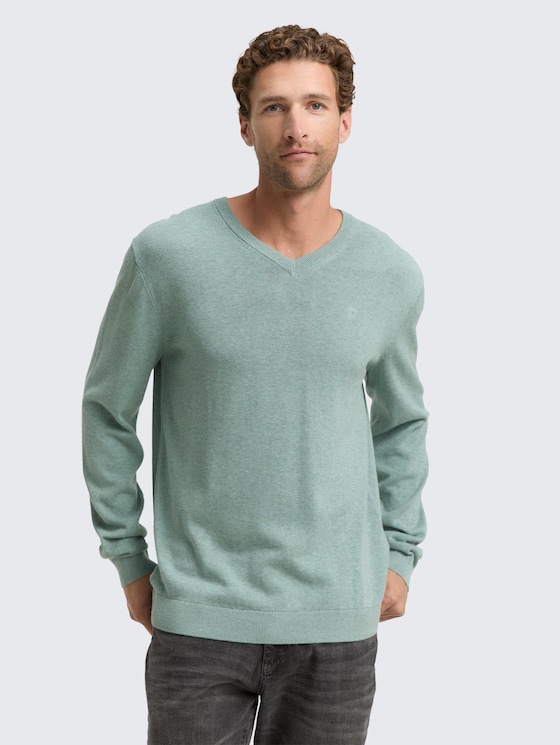 Pull en coton à col en V par Men, dark smoke green melange