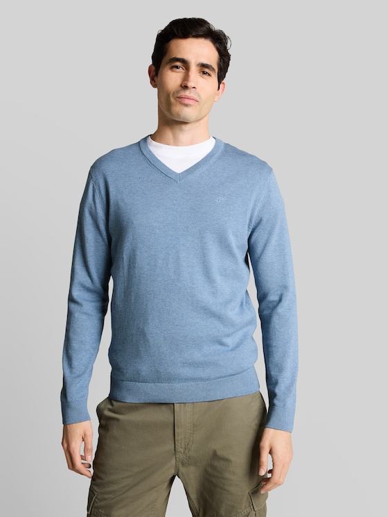 Cotton knit jumper with V-neck in blue by Tom Tailor