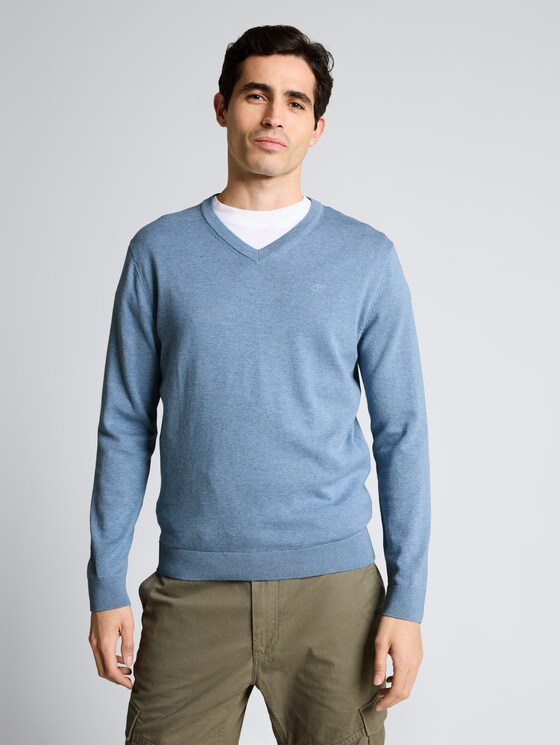 Gebreide trui met V-hals van katoen door Men, mountain spring blue melange
