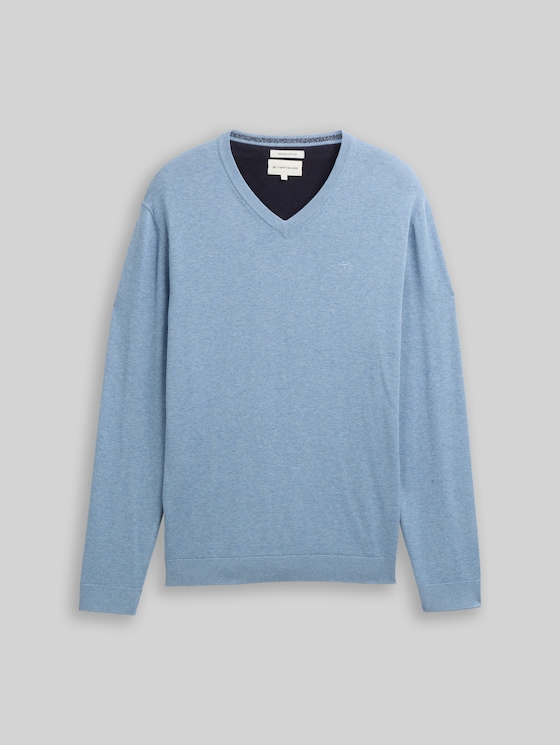 Cotton knit jumper with V-neck in blue by Tom Tailor