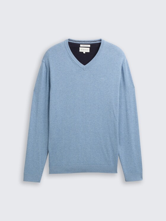 Gebreide trui met V-hals van katoen door Men, mountain spring blue melange