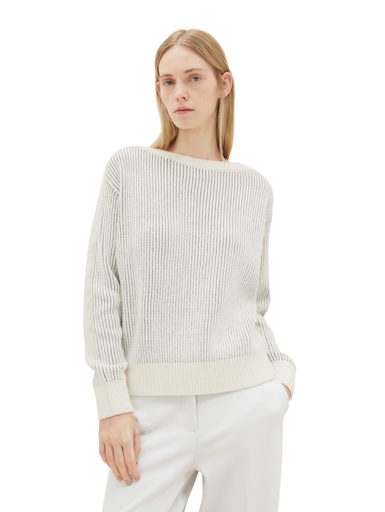 Strickpullover mit U-Boot Ausschnitt von Women, offwhite grey structure