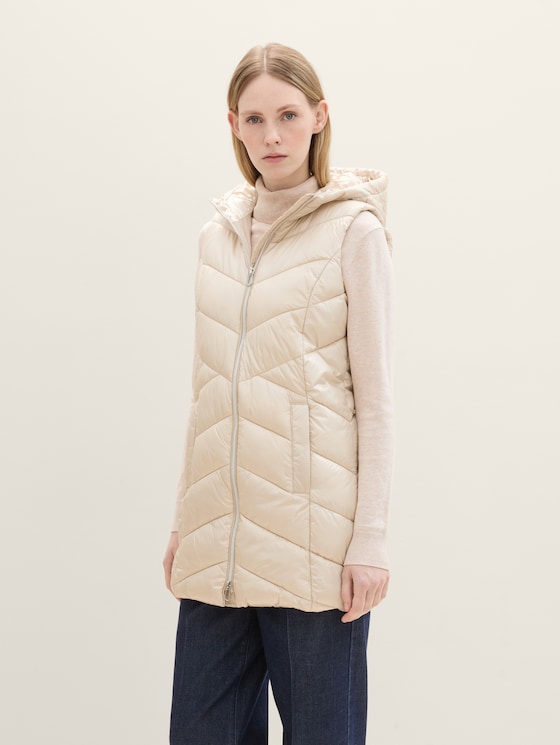Lang gewatteerd vest met kap door Women, Dusty Beige