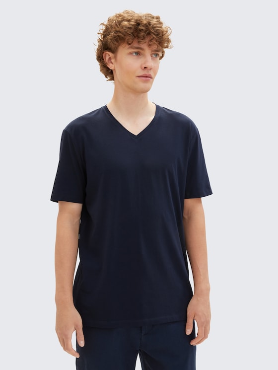 Basic T-shirt in een dubbele verpakking met V-hals door Denim Male, sky captain blue