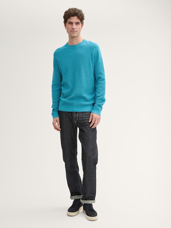 Knitted cotton sweater by Men, turquoise blue melange