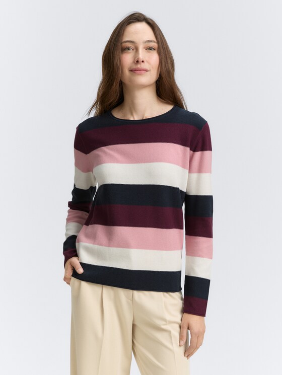 Gebreide trui met ronde hals door Women, big rose knit stripe