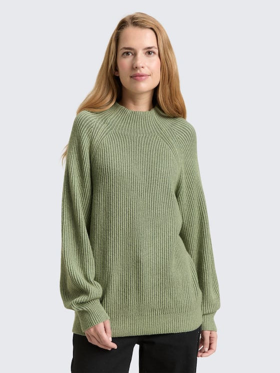 Ribbed sweater with a stand-up collar by Women, pale bark green rib structure
