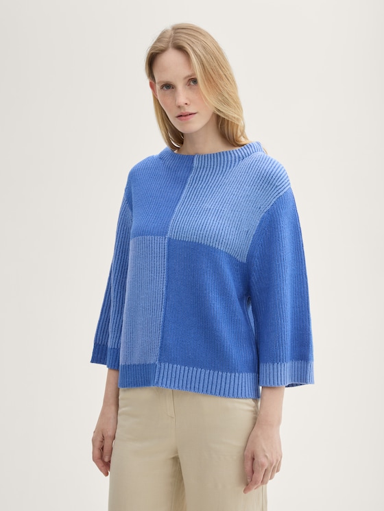 Gestrickter Pullover mit 3/4 Arm von Women, calm blue patched rib knit