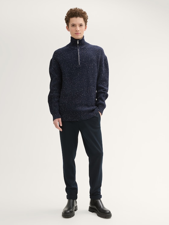 Knitted zip-neck jumper in nepped yarn by Denim Male, navy colorful neps